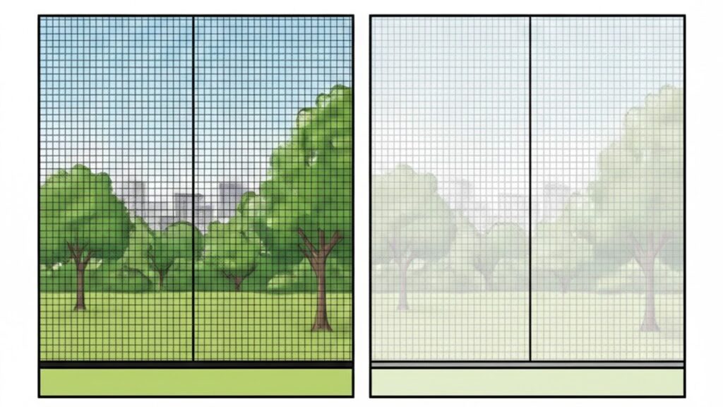 左側にブラック、右側にグレーの網戸を並べた比較イラスト。ブラックは外の緑の景色がクリアに見え、グレーは光の反射で景色が白くぼやけて見える様子を描いている。