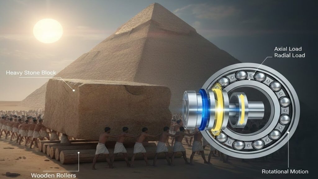 ベアリングの原理。ピラミッドの丸太(転がり摩擦)と現代のボールベアリングを比較したイラスト