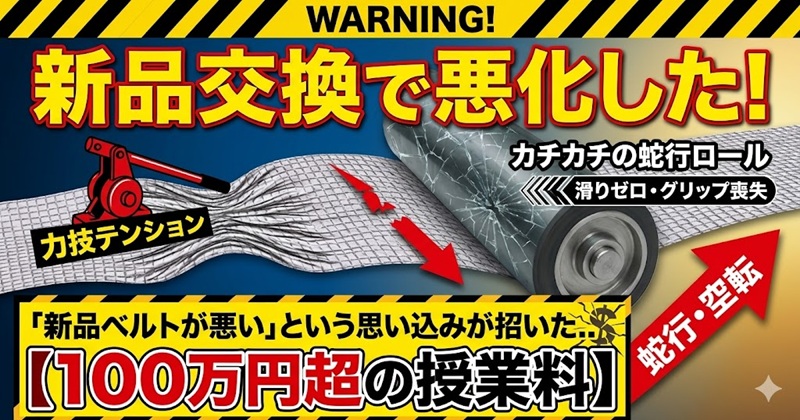 コンベアベルトの新品交換後に蛇行が悪化した原因を解説するアイキャッチ画像。高熱でカチカチに硬化した蛇行調整ゴムローラーと、レバーブロックによる無理な力技テンション、100万円超の損失を招いたメカニズムをイラストで図解。