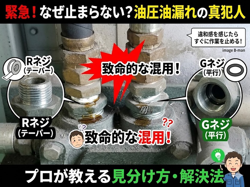 油圧ユニットの油漏れ原因、Rネジ（テーパー）とGネジ（平行）の混用と見分け方