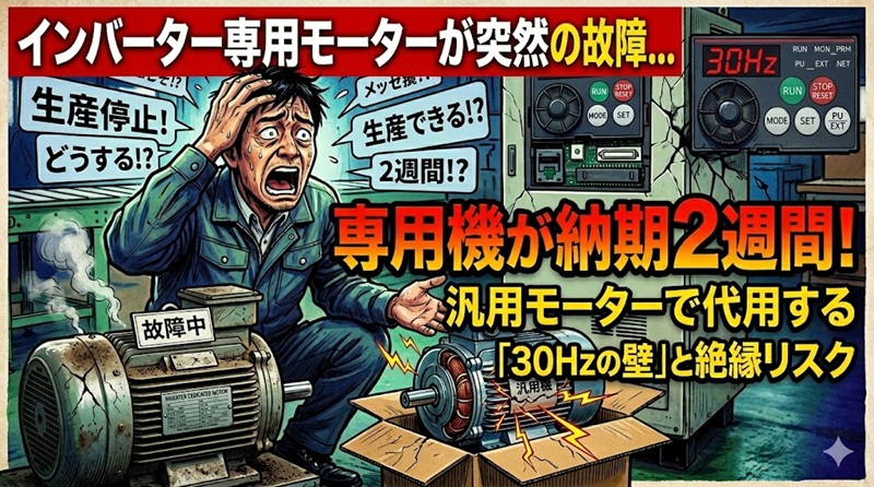インバーター専用モーターの故障に絶望する作業員と、納期2週間のピンチを汎用モーターの代用で解決する際の30Hzの壁・絶縁リスクを解説したアイキャッチ画像