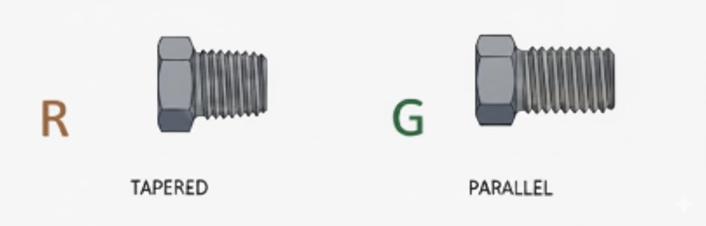 管用テーパーネジ(R)と管用平行ネジ(G)の形状比較イラスト