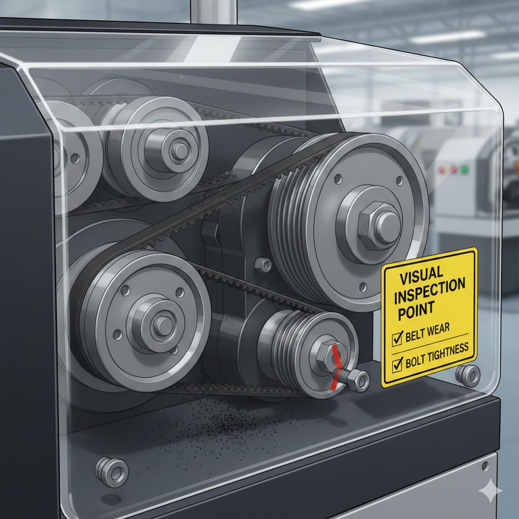 ポリカーボネート製の透明機械カバー。内部のベルト駆動部や摩耗粉、ボルトのアイマークが外から視認できる様子。