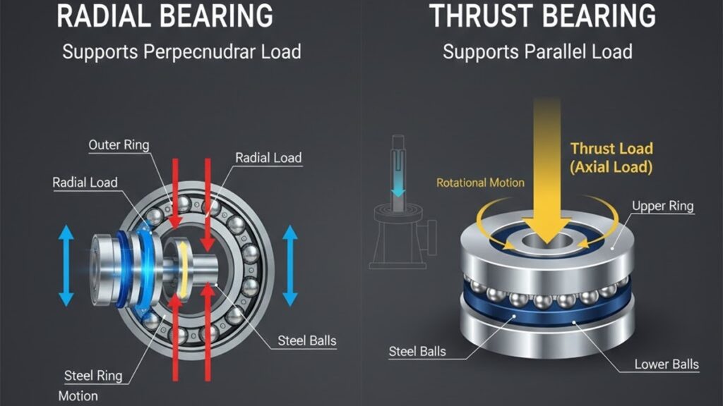 ラジアル荷重とスラスト荷重の方向とベアリング構造の違いを解説した図解