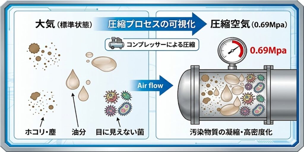 大気中のホコリ・油分・菌がコンプレッサーで0.69Mpaに圧縮され、高密度な汚染物質に変化する様子を比較したイラスト