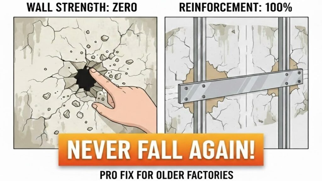 老朽化した石膏ボード壁に金属プレートと軽量鉄骨（LGS）を用いてエアコンを強固に固定する補強イメージ図。