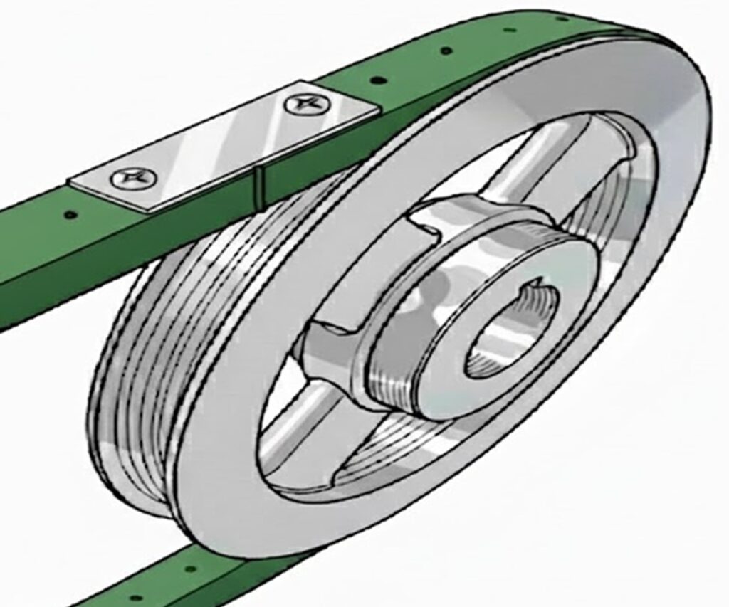 緑色の一定幅の穴あきベルトが、金属プレートとネジで固定され、右側のプーリーに巻き付いているテクニカルイラスト。