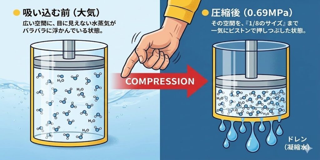 コンプレッサーで空気を1/8に圧縮した際、空間内の水蒸気が結露してドレンが発生する様子の図解