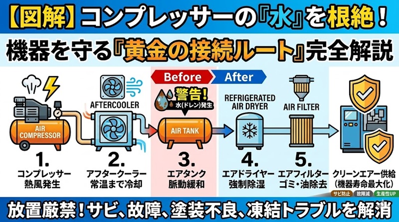 コンプレッサーから出る水（ドレン）の発生原因と、エアドライヤー・フィルターを用いた黄金の接続ルート図解