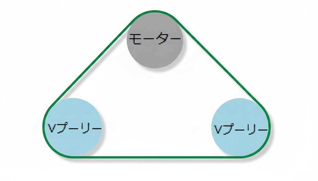 0.2KWモーターと2箇所のVプーリーを繋ぐベルト駆動の仕組み図