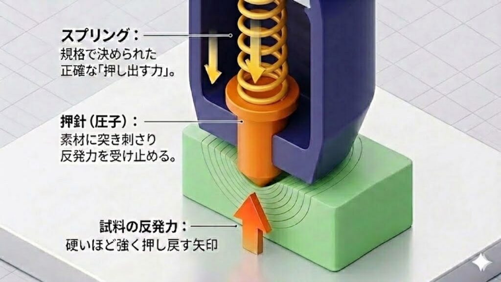 デュロメータ硬度計の断面図。規格で定められたスプリングの押し出す力と、試料(ゴム)からの反発力を、押針(圧子)が受け止める測定メカニズムの図解。