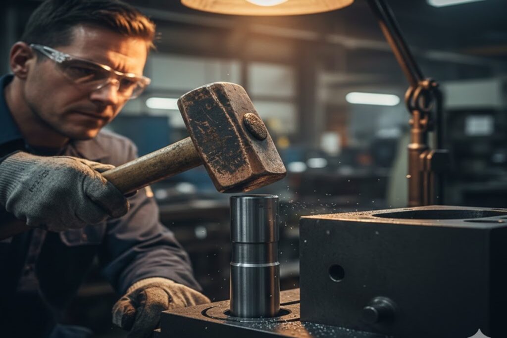 金属シャフトをハンマーで穴に叩き込む作業員。はめあい公差による「キツさ」の違いを表現したイメージ。