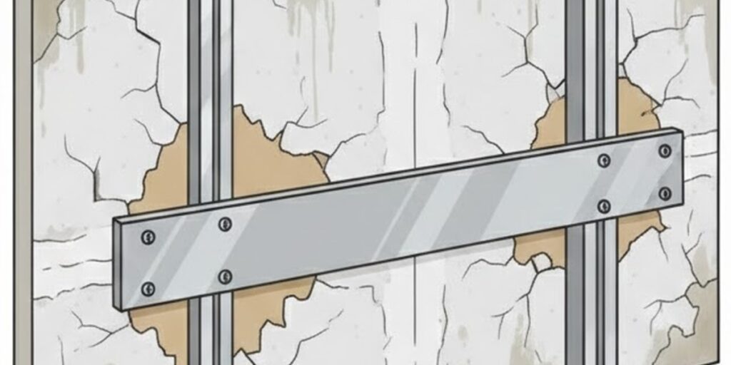 壁の中にある軽量鉄骨の柱(下地)に、金属プレートを直接ボルトで固定し、エアコン取付用の強固な土台を作っているイラスト。