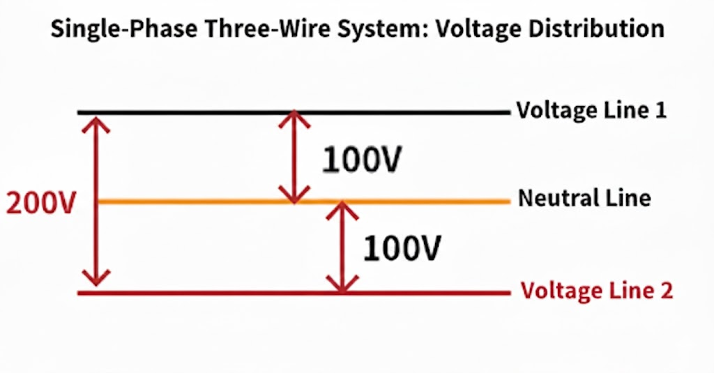 単相3線式の仕組み図解。黒（L1）、白（中性線）、赤（L2）の配線と100V・200Vの電圧の取り方