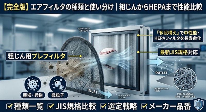 エアフィルタの種類と使い分け、プレフィルタからHEPAまでの性能比較一覧