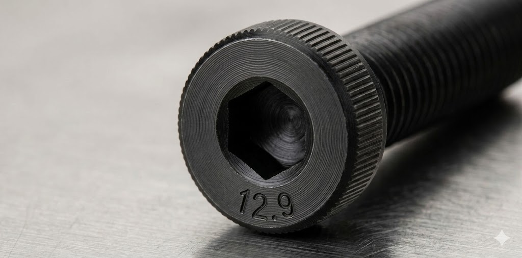 鋼鉄の質感が際立つ、強度区分「12.9」が刻印された黒染め六角穴付きボルトのクローズアップ画像。