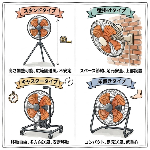 工場扇（工業用扇風機）の4つの設置タイプ（スタンド・壁掛け・キャスター・床置き）を比較したイラスト解説。各形状の特徴が一目でわかります。