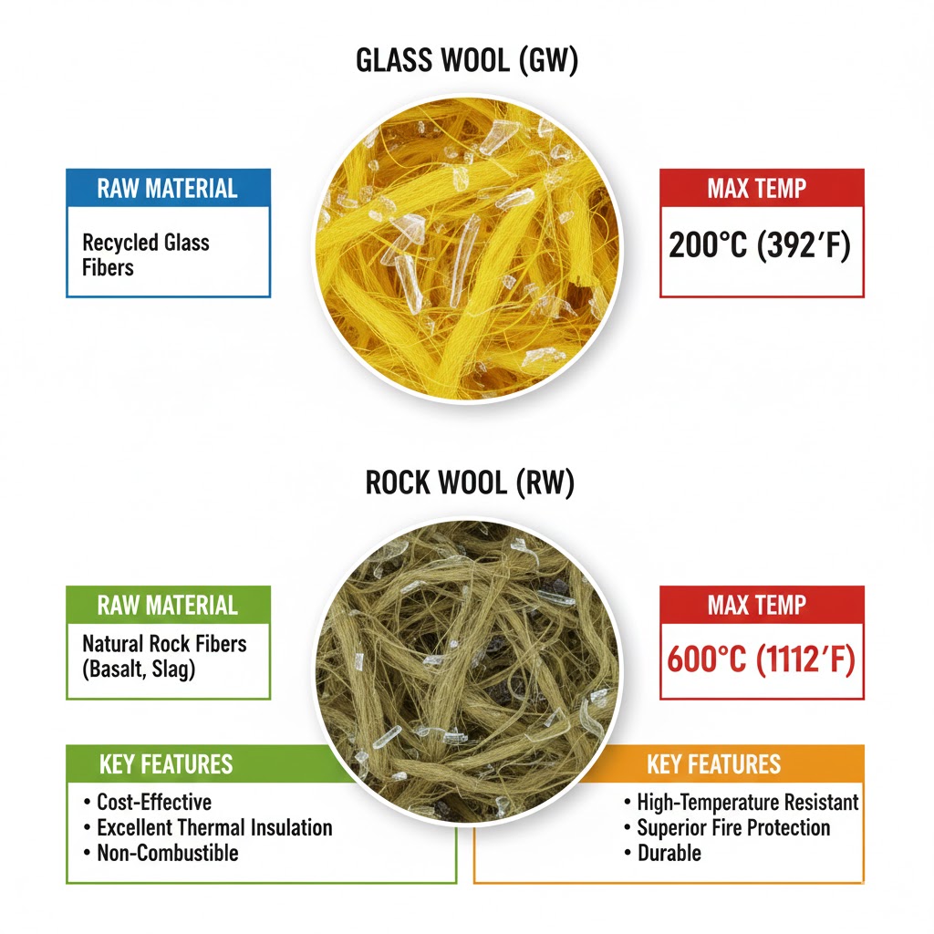 グラスウール（耐熱200度）とロックウール（耐熱600度）の原材料と特徴を比較した図解