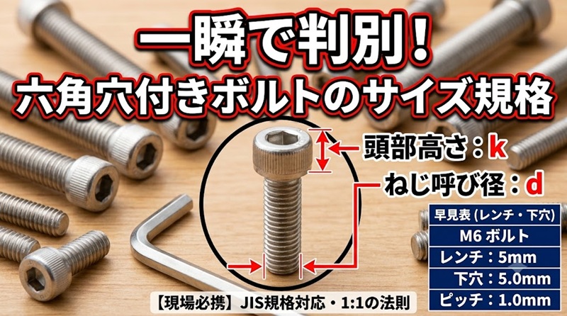 一瞬で判別できる六角穴付きボルトのサイズ規格と1:1の法則（頭部高さkとねじ呼び径d）解説図