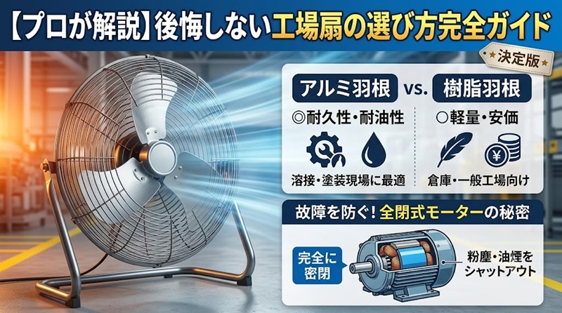 【プロ解説】失敗しない工場扇の選び方を徹底図解。樹脂羽根とアルミ羽根の違いや、粉塵・油煙に強い「全閉式モーター」の寿命の秘密、単相・三相電源の注意点まで、現場に最適な1台を見極めるための決定版画像。