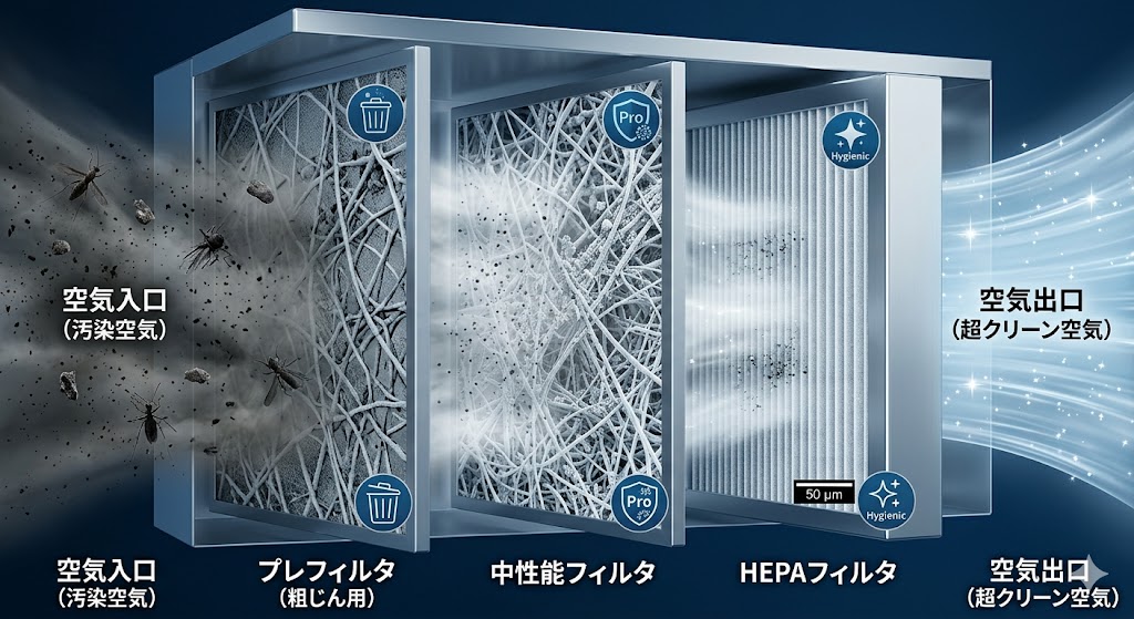 横長に切り取られたクリーンで未来的な空調システム内部の3Dレンダリング図解。左から真っ黒に汚れた空気（塵、虫、ホコリ）が勢いよく入り、プレフィルタ（ coarse fibrous network）、中性能フィルタ（ denser complex fiber mesh、 image_0.png の詳細繊維構造に基づく）、HEPAフィルタ（ high-density pleated filter）の順に並んでいる。プレフィルタで大きな粒子が「ゴソッ」と捕まり、空気は少しグレーになる。中性能フィルタで微粒子（PM2.5など）が繊維に絡め取られ、空気は白くなる。HEPAフィルタで残った超微粒子がほぼ完全にキャッチされ、右端から完全に透明でキラキラと輝く超クリーンな空気が静かに出ていく。病院の手術室や半導体工場のような高い信頼性を感じさせるデザイン。日本語のテキストラベル付き（「空気入口 (汚染空気)」、「プレフィルタ (粗じん用)」、「中性能フィルタ」、「HEPAフィルタ」、「空気出口 (超クリーン空気)」）。中性能フィルタ部分には、 image_0.png と同じ「50 µm」のスケールバーが表示されている。