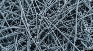 走査電子顕微鏡（SEM）風のリアルな質感で描かれた不織布フィルタの複雑な繊維ネットワークのイラスト。繊維の表面には無数の微細な塵やホコリがびっしりと付着している。織物（テキスタイル）のような規則正しい網目がないことが一目でわかる。右下には「50 µm」のスケールバーがある。全体的に「現場の真実」を伝えるプロの資料という印象。