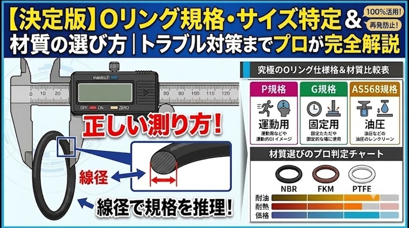 ノギスでOリングの線径を測定して規格や材質を選定する方法を示す図解