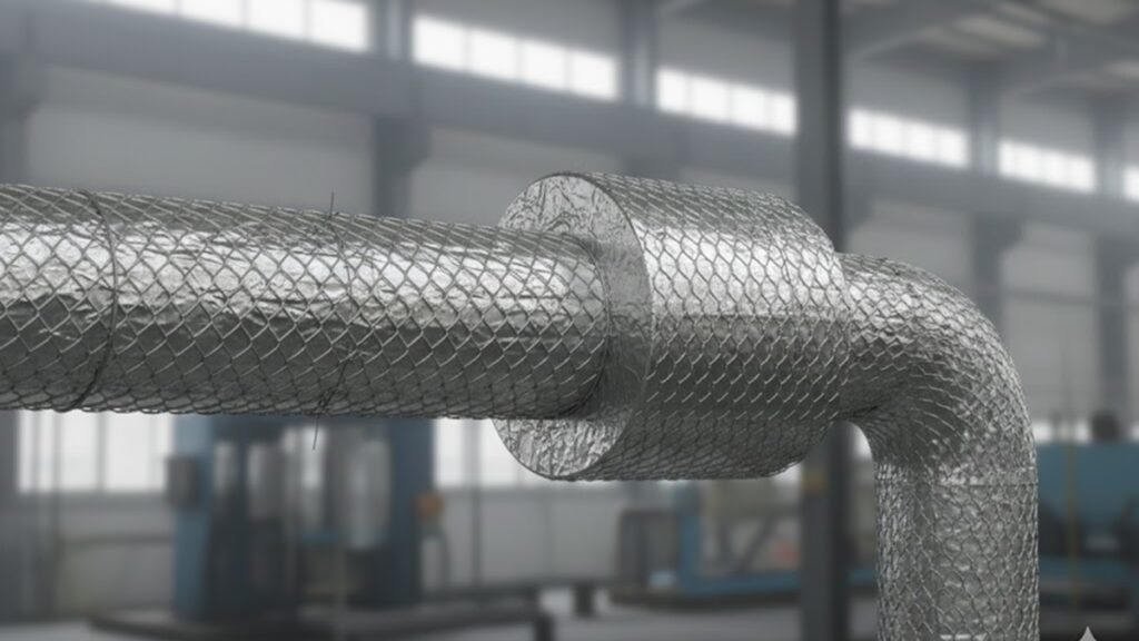 蒸気配管にグラスウールを巻き亀甲金網で固定した施工例