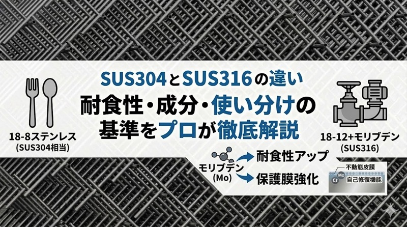 SUS304とSUS316の耐食性・成分・使い分けの違いを解説した図解（18-8ステンレスと18-12モリブデン添加鋼の比較）