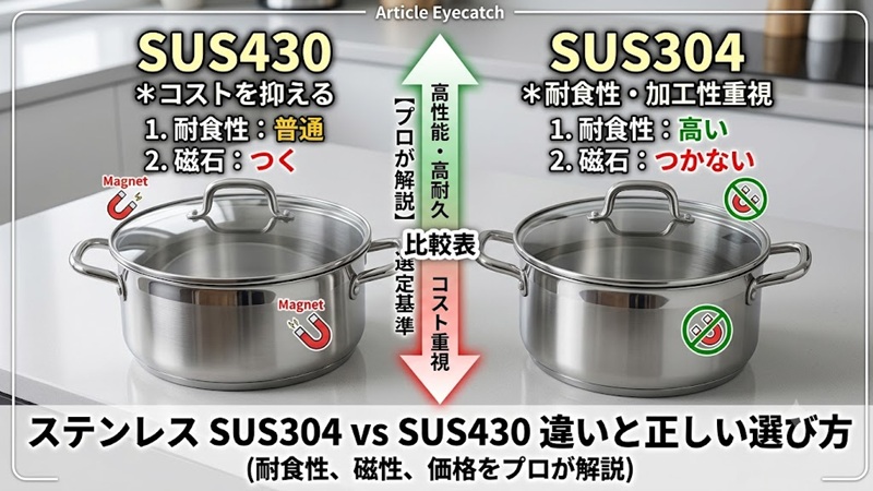ステンレスSUS304とSUS430の磁性・耐食性の違いを比較した表