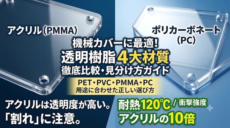 機械カバーに最適な透明樹脂4大材質徹底比較・見分け方ガイド（PET・PVC・PMMAアクリル・PCポリカーボネート）。用途に合わせた選び方、割れるリスクのあるアクリルの注意点と、アクリルの10倍の衝撃強度・耐熱120℃を誇るポリカーボネートの特徴を分かりやすく紹介するアイキャッチ画像。