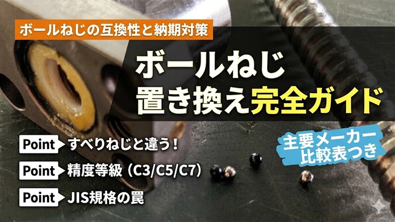 ボールねじの置き換え完全ガイドのアイキャッチ画像。THKや黒田精工などの主要メーカー互換性比較や精度等級の注意点を解説。
