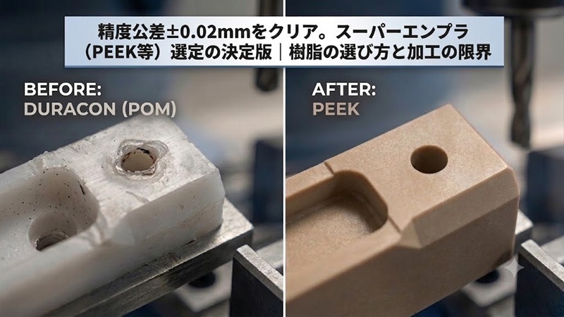 ジュラコン（POM）加工で精度が出ない悩みを解決。PEEK等のスーパーエンプラを使用した高精度加工の比較画像
