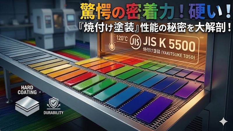 工業用の乾燥炉で加熱・硬化される色鮮やかな金属パネル（焼付け塗装の仕組みと性能の解説アイキャッチ画像）