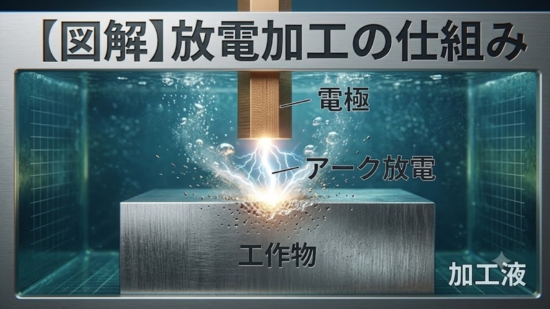 放電加工の仕組みとアーク放電の原理をリアルなイラストで解説した図解画像
