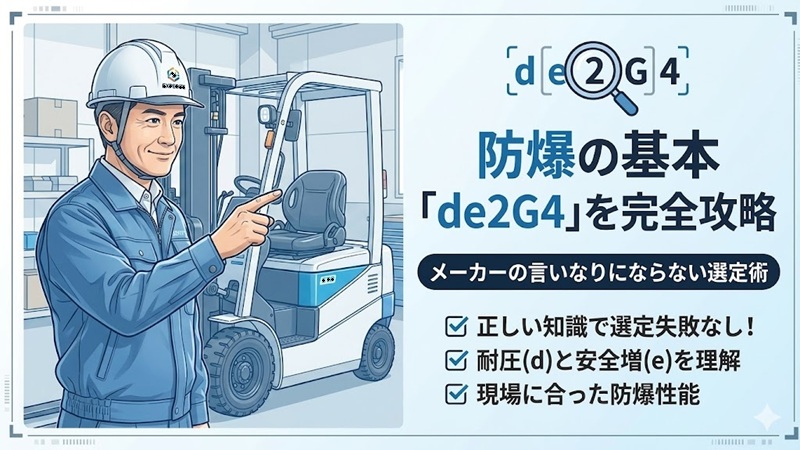 防爆検定「de2G4」の基本を解説するアイキャッチ画像。ヘルメットを被った作業員とバッテリー式フォークリフトが描かれ、「耐圧防爆(d)と安全増防爆(e)の理解」「現場に合った防爆性能」などのチェックポイントを掲載。メーカーの言いなりにならない選定術を提案する内容。