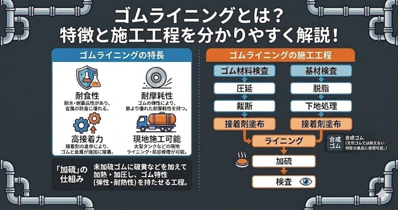 バレル研磨機ポッドの摩耗対策：ゴムライニングの特長と正しい施工工程（脱脂・接着剤塗布・ライニング・加硫・検査）の流れ