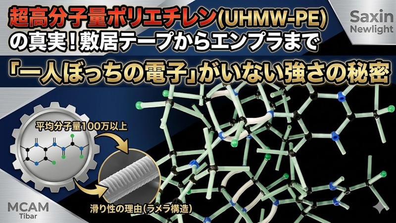 超高分子量ポリエチレン（UHMW-PE）の特徴を解説するブログ記事のアイキャッチ画像。分子構造模型を背景に、敷居テープから過酷な工業用エンプラまでの用途や、高い滑り性と強さの秘密を解説。