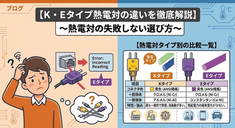 熱電対のKタイプとEタイプの違いを解説する図。コネクタの適合ミスによるエラー表示のイラストと、コネクタ色、導体材料、特性を比較した表が記載されている。