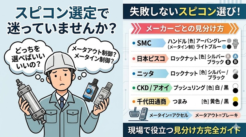 エアシリンダの速度制御におけるメータインとメータアウトの違いと、SMCやピスコなど主要メーカー別スピコンの見分け方をまとめた比較表のイラスト