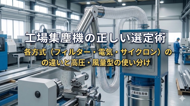 製造現場で粉塵を吸引する高圧型集塵機と吸込フードの様子