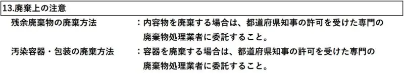 SDS（安全データシート）第13項「廃棄上の注意」の記載例（残余廃棄物の廃棄方法、汚染容器・包装の廃棄方法、都道府県知事の許可を受けた専門の廃棄物処理業者への委託指示）