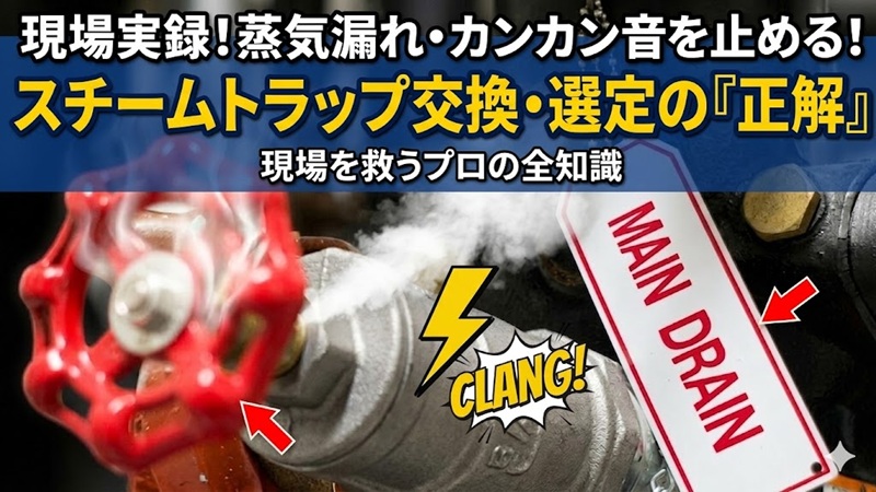 蒸気漏れとウォーターハンマー（カンカン音）が発生している現場のスチームトラップと、その解決策（交換・選定）をまとめたプロの全知識。