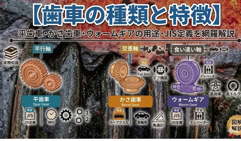 歯車の分類である平行軸・交差軸・食い違い軸の代表的な形状（平歯車・かさ歯車・ウォームギア）とそれぞれの主な用途を示した図解