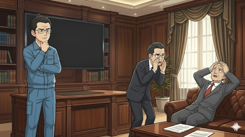 第6話：称賛の拍手と責任の行方。完璧なロジックを展開したゆういちに対し、上司である山田社長が石田部長の説得を丸投げするシーン。組織のゆがみを象徴する無責任な姿勢に、深い対立と焦燥感を抱くゆういち。自分の首を絞めることになるとは知らず、泥を被る覚悟を決める緊迫の場面。