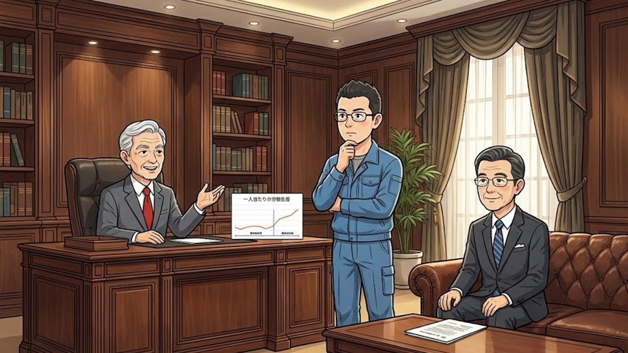 第2話：組織の機能不全。社長室にて、上司である山田社長と森田相談役に営業部長就任の条件を伝えるゆういち。管理職の責任放棄と組織のゆがみを指摘し、改革への同意を得る。後の丸投げや対立の火種となる、緊迫した密室での合意シーン。