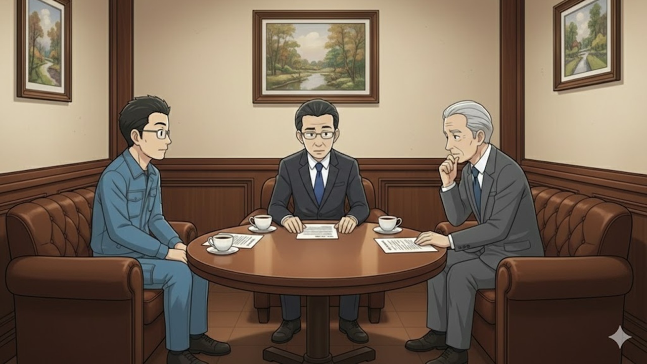 第7話。喫茶店の奥まった席で、上司である山田社長に石田部長の異動案を提示するゆういち。組織のゆがみを正すための「事業推進部」設立。説得の責任を丸投げしようとする社長に対し、会社の停滞は社長自身を映す鏡だと指摘し、激しい対立が生じるシーン。