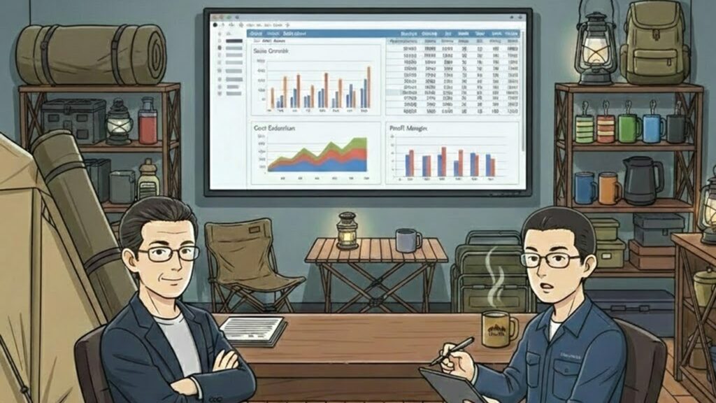 キャンプ用のテントやランタン、バックパックが並ぶ趣味の部屋で、大型モニターに映し出された売上グラフや表を見ながら打ち合わせをする二人の男性。カジュアルなジャケット姿で不敵に笑う副社長と、短髪で眼鏡をかけ、作業服姿でタブレットを手に驚きと真剣な表情を見せる主人公（ゆういち）。