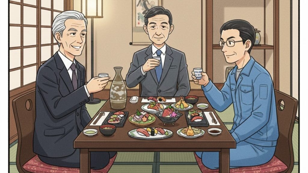 第1話：密室の甘い毒。高級な会食の席で、上司である山田社長から営業部長への就任を打診されるゆういち。犬猿の仲である石田部長との対立や、説得という名の面倒事を丸投げされる予兆。組織のゆがみと向き合う責任を背負わされる、物語の始まりのシーン。