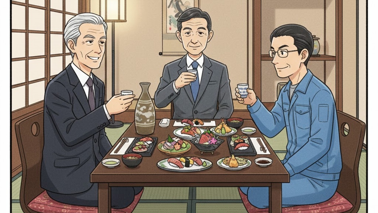 第1話：密室の甘い毒。高級な会食の席で、上司である山田社長から営業部長への就任を打診されるゆういち。犬猿の仲である石田部長との対立や、説得という名の面倒事を丸投げされる予兆。組織のゆがみと向き合う責任を背負わされる、物語の始まりのシーン。